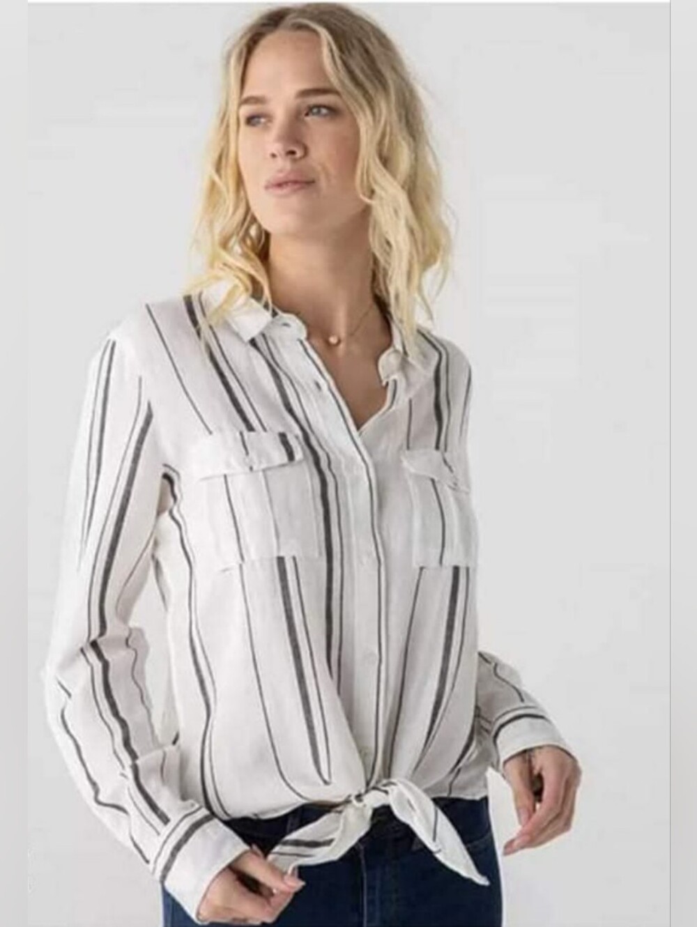 Harper Linen Blend Tie Button Up Too M
